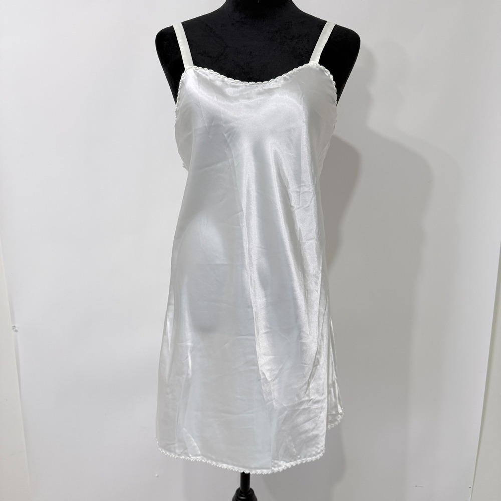 Vintage 80s 90s Body Chic Satin Slip Dress Chemise Ruffle Trim Tag L Fit M Ivory